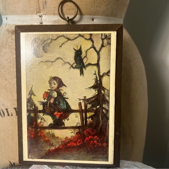 Vintage Hummel wooden plaque of little girl sitting on fence. - Picture 1 of 3